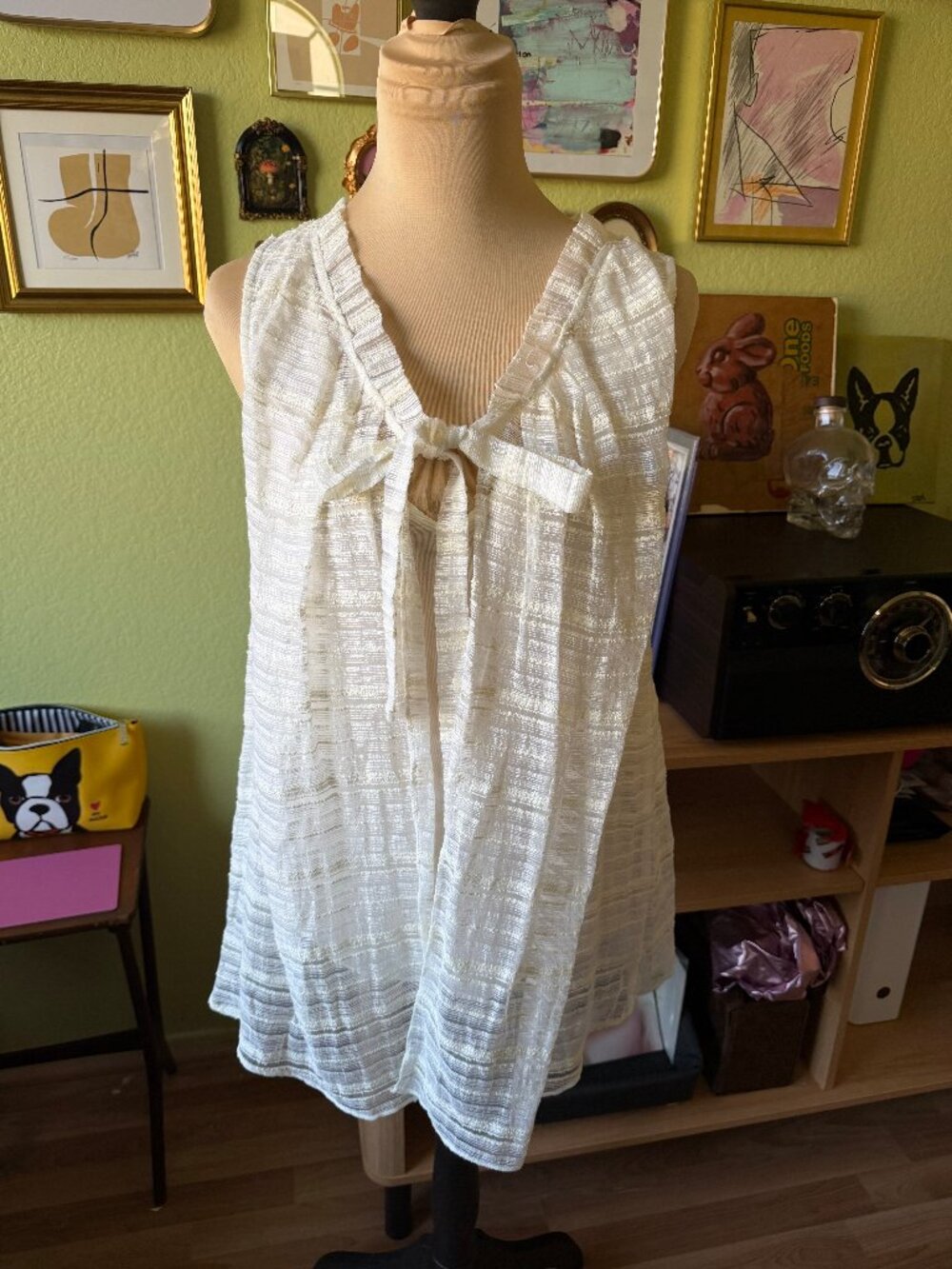 Tracy Reese Sheer Striped Sleeveless Tie-Front Top Cream White Small